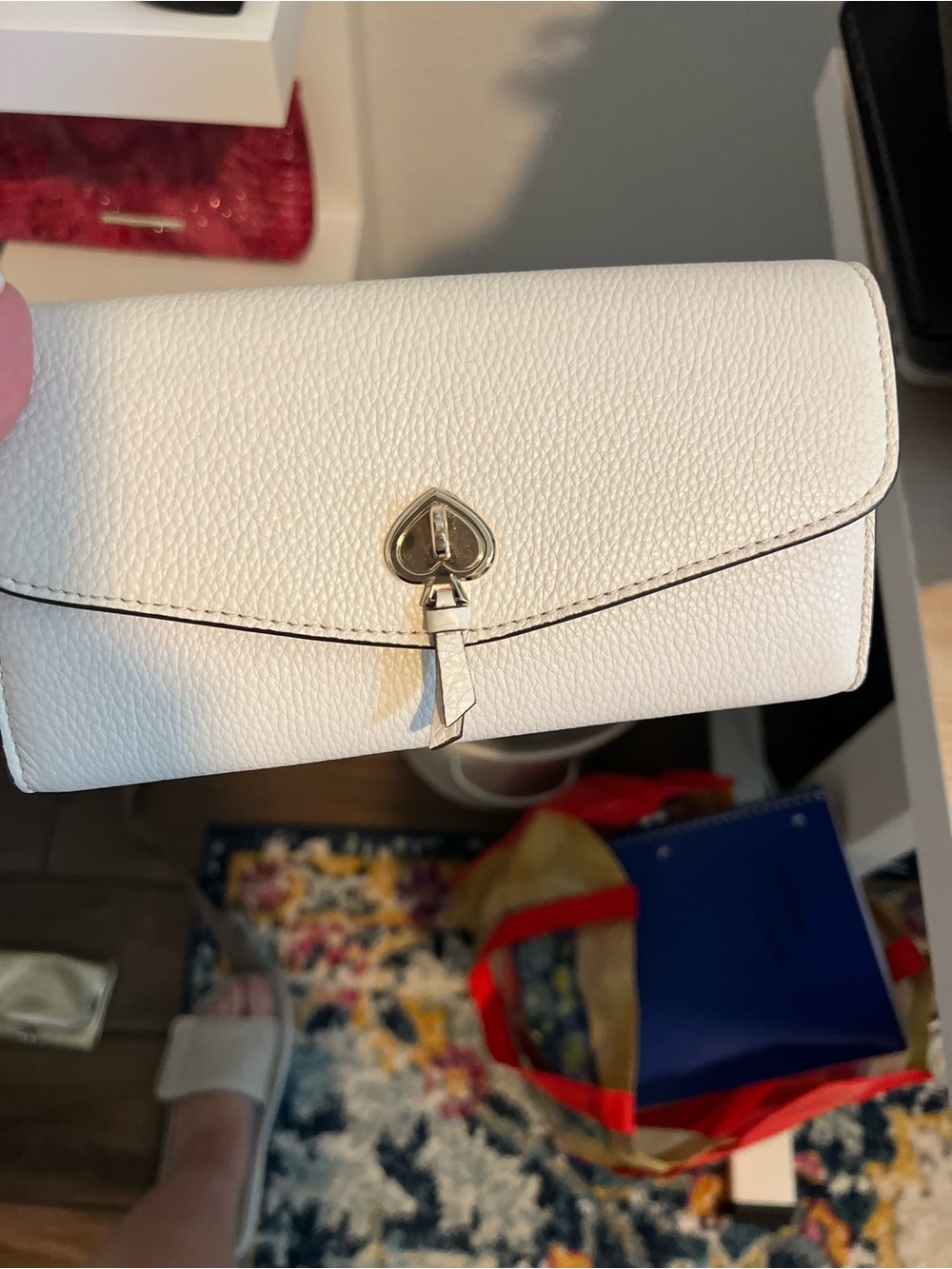 kate spade White Pebbled Leather Wallet with Spade Turnlock